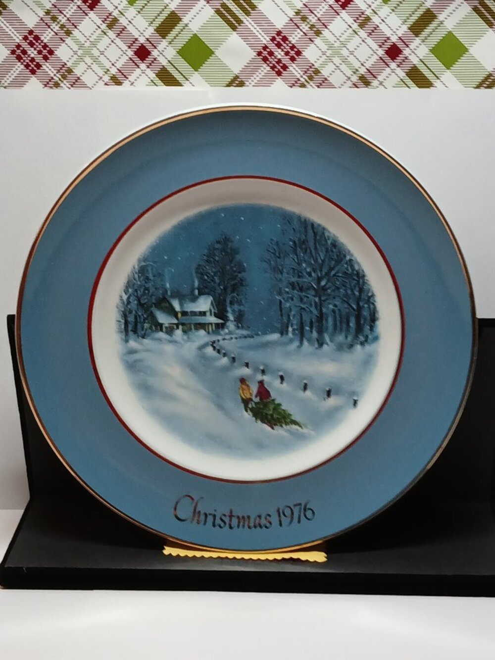 1976 Avon Christmas Plate titled "Bringing Home the Tree" Enoch Wedgwood England